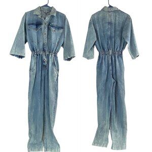 Vtg DREAMS Women Denim Jumpsuit Sz L Blue 80s 90s Snap Front 3/4 Sleeve 92-2